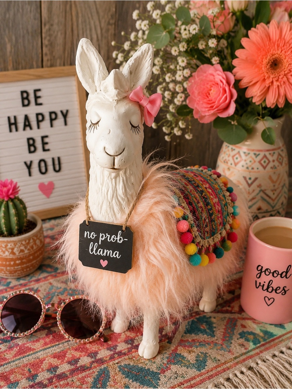 Hobby Lobby Ceramic Llama Figurine Shaggy Faux Fur Pink Bow Heavy Home Decor